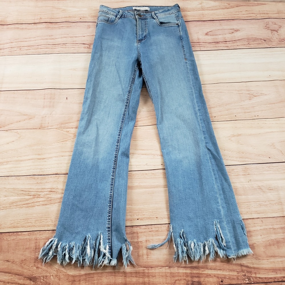 Zara Jeans Womens 4 Blue Bootcut Medium Wash Denim Distressed Fringe Ladies